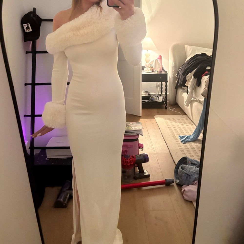 meshki white faux fur dress